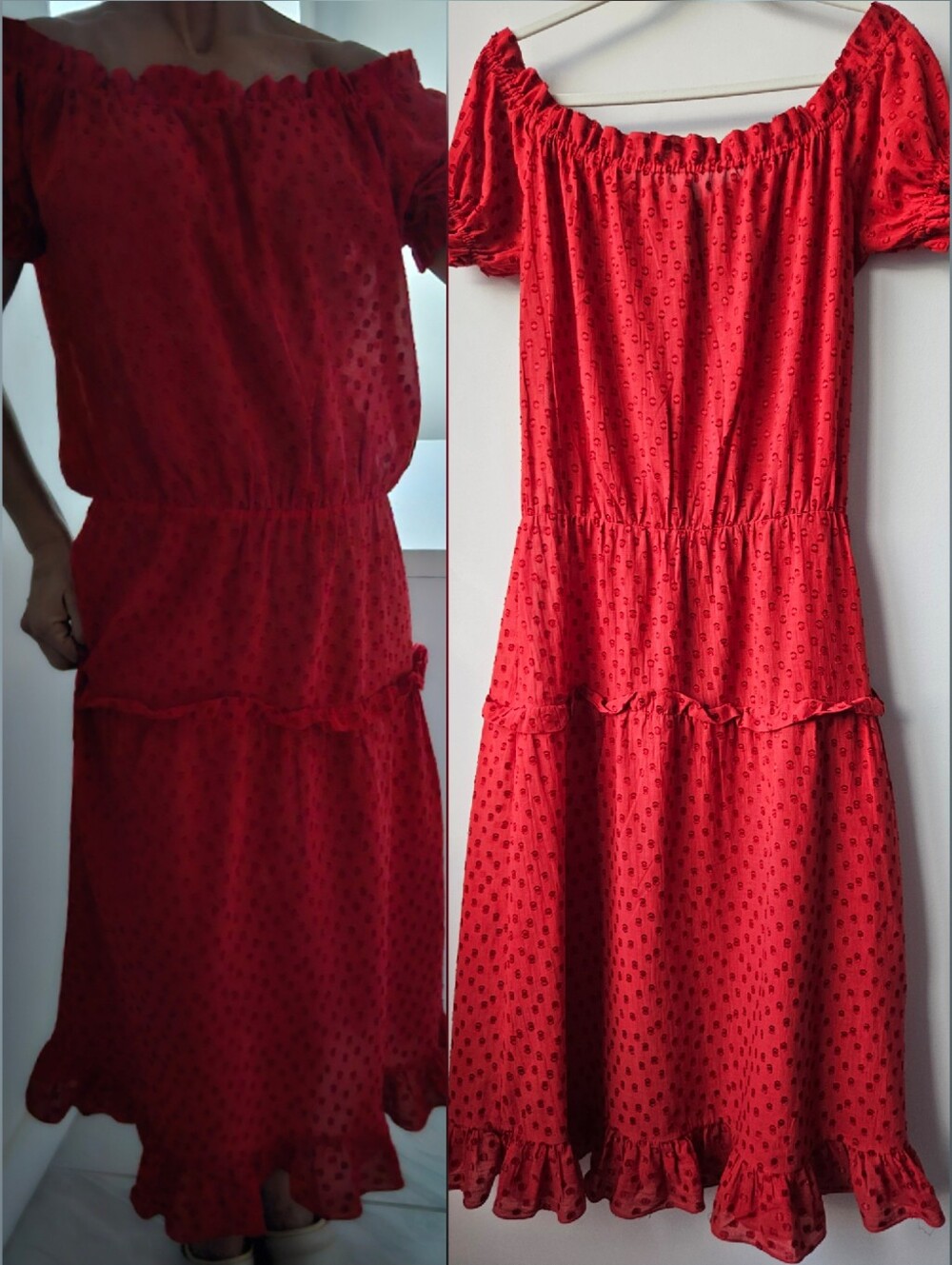 Vintage Mariko New York Red Plisse Cotton Polka-Dot Off Shoulder Midi Dress